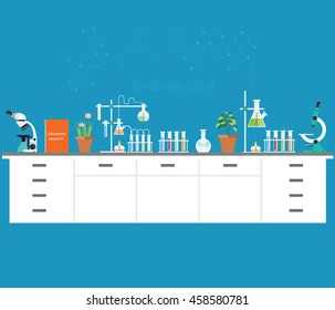 Chemical laboratory science and technology, Scientists workplace concept. Science education, chemistry, experiment, laboratory concept flat design vector illustration.