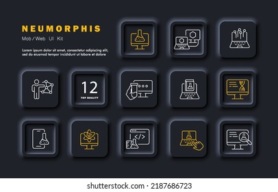 Chemical laboratory set icon. Flask, computer, analysis, research, neural network, test tube, DNA molecule, genetics, biocode, biology, atom, magnifier. Science concept. Neomorphism. Vector line icon.