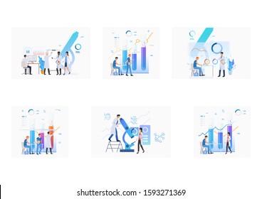 Chemical laboratory set. Lab workers, test tubes, microscopes, charts. Flat vector illustrations. Chemistry, medicine concept for banner, website design or landing web page