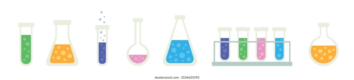 Conjunto de laboratório químico. Tubos e frascos de ensaio de produtos químicos, isolados sobre fundo branco. Estilo plano simples. Tema de química. Ilustração vetorial de pesquisa científica