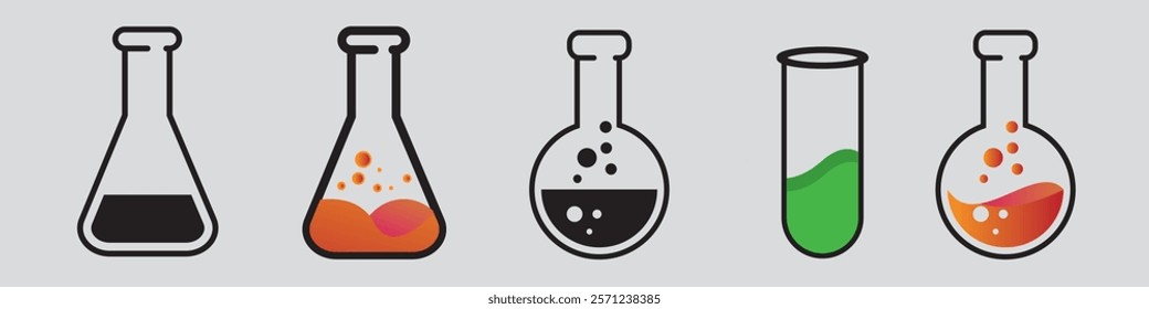 Chemical laboratory set. Chemical test tubes and flasks isolated on a white background. Simple flat style. Chemistry theme. Scientific research vector illustration
