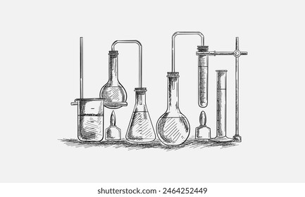 Ilustración vectorial de estilo boceto de bodegón de Chemical Laboratory. Imitación de grabado dibujado a mano.