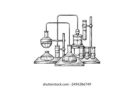 Chemical Laboratory still life sketch style vector illustration. Old hand drawn engraving imitation.