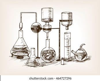 Chemical Laboratory still life sketch style vector illustration. Old hand drawn engraving imitation.