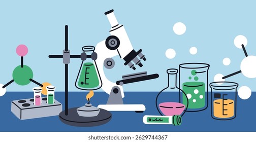 Mesa química de laboratório. Experiência científica e equipamento de teste, microscópio, tubos de vidro, frascos, laboratório biológico, bioquímica e conceito de vetor de garish isolado microbiológico