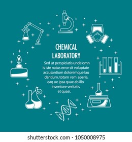 Chemical laboratory template. Science icons composition. Circle banner with place for text. Linear icons of scales and tube, flask and burner, robotic scene. Vector illustration.