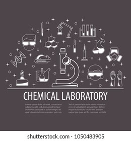 Chemical laboratory template. Science icons composition. Circle banner with place for text. Linear icons of scales and tube, flask and burner, robotic scene. Vector illustration.