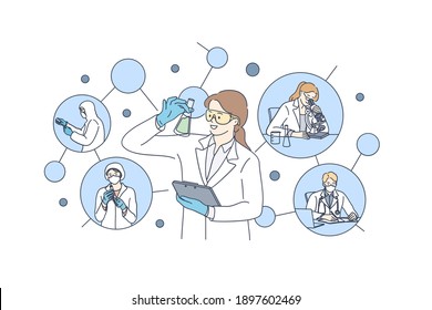 Chemical laboratory tests and research concept. People scientists in uniform and protective masks and gloves working on antiviral treatment and making vaccine discovery vector illustration 