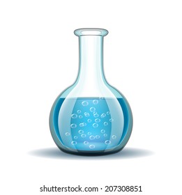 Chemical laboratory transparent flask with blue liquid isolated on white. Vector illustration