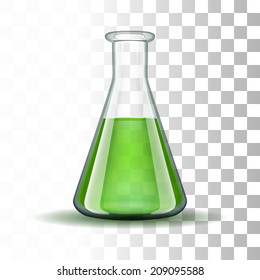 Chemical laboratory transparent flask with green liquid.  Vector illustration