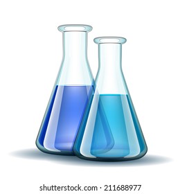 Chemical laboratory transparent flasks with blue liquid.  Vector illustration