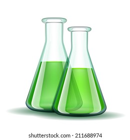 Chemical laboratory transparent flasks with green liquid.  Vector illustration