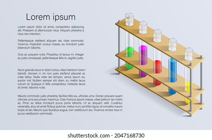 Chemical laboratory utensils. Test tubes in a tripod. Vector illustration of test tubes with a chemical substance located in a tripod. Background for a presentation on chemistry.