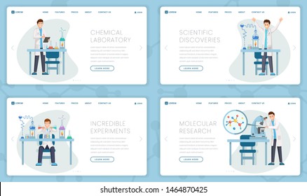 Anlandeseiten für chemische Laboratorien-Vektorillustration. Cartoon-Forscher, Wissenschaftler, die Tests machen, Experimente durchführen, Moleküle studieren, Entdeckungen machen. Webseitendesign-Layout des innovativen Forschungszentrums