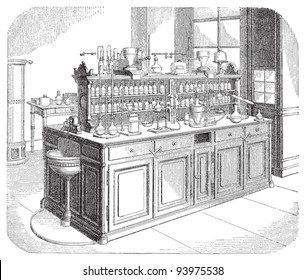 Chemical laboratory / vintage illustration from Meyers Konversations-Lexikon 1897