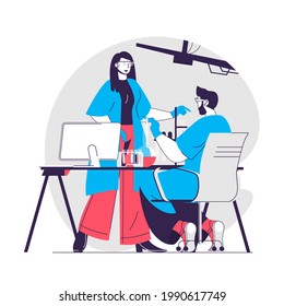 Chemical laboratory web concept. Scientists doing experiments in flask. Scientific research people scene. Flat characters design for website. Vector illustration for social media promotional materials