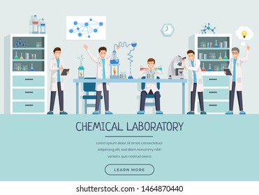 Chemical laboratory workers landing page template. Research group doing tests, studying liquids, substances cartoon characters. Creative scientists with innovative ideas website page design layout