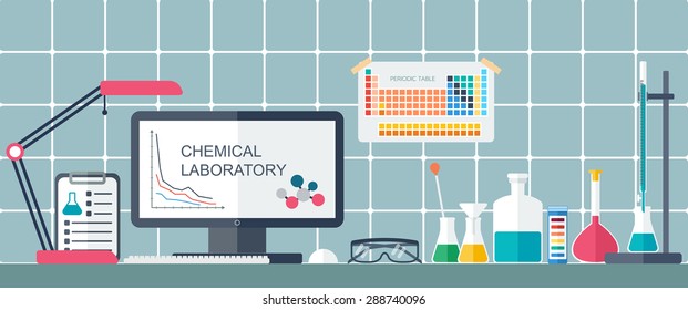  Laboratorio químico.Lugar de trabajo. Diseño plano. ilustración vectorial