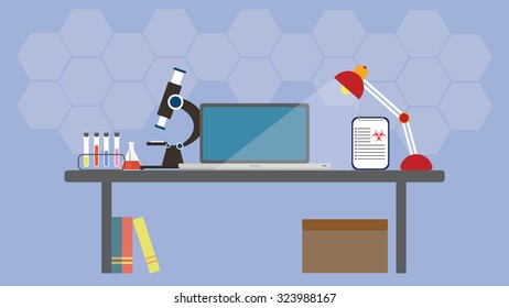 Chemical laboratory. Workplace. Flat design. vector illustration.Research concept. Chemical banner, background, cover. Flat design. vector illustration
