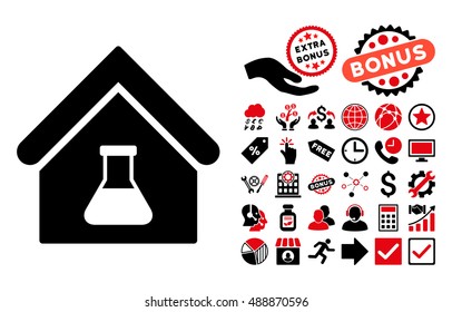 Chemical Labs Building icon with bonus images. Vector illustration style is flat iconic bicolor symbols, intensive red and black colors, white background.