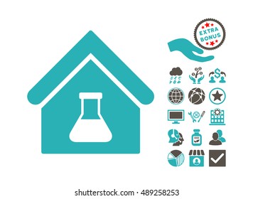 Chemical Labs Building pictograph with bonus clip art. Vector illustration style is flat iconic bicolor symbols, grey and cyan colors, white background.