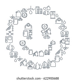 Chemical lined icons collection with gas station and petroleum elements in smile shape isolated vector illustration