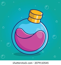 Chemical liquid glass bottle illustration. Perfume liquid bottle. A secret magic drink in the glass bottle. Medical liquid. Vector traced digital art. Cartoonish graphic design. Hand drawing. 