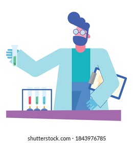 chemical man with tubes and document at desk design, science and laboratory theme Vector illustration