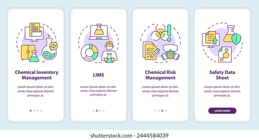 Chemical management onboarding mobile app screen. Safety measures. Walkthrough 4 steps editable graphic instructions with linear concepts. UI, UX, GUI template