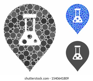 Chemical map marker composition of filled circles in various sizes and color tones, based on chemical map marker icon. Vector filled circles are organized into blue mosaic.