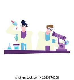 Hombres químicos con microscopio y frascos en diseño de escritorio, ciencia y tema de laboratorio Ilustración vectorial