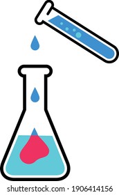 Chemische Mischung. Chemische Experimentierflaschen Pipette und Erlenmeyer mit flüssiger Lösung, die eine Farbreaktion auslöst.