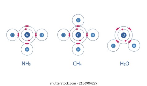 Modelo químico de moléculas de amoníaco (NH3), agua (H2O), metano (CH4). Ilustración vectorial. Fondo blanco aislado.