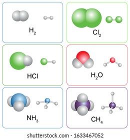 Chemical model of molecules of Hydrogen(H2), Chlorine (Cl2), Hydrogen chloride (HCL), Ammonia (NH3), Water (H2O), Methane (CH4).  Vector illustration. Isolated white background.