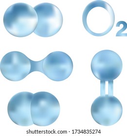 Chemical models set of oxygen molecule. Isolated vector illustration on white background of atoms, gas.