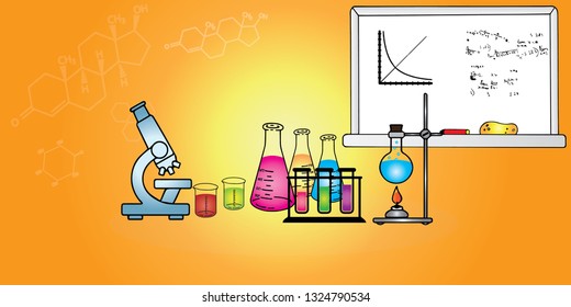 Chemical and molecular equipment in laboratory on background. Scientific working space. 