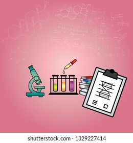 Chemical and molecular equipment in laboratory on background. Scientific working space. 