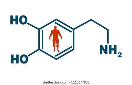 Chemical molecular formula hormone dopamine. Infographics illustration. Man silhouette