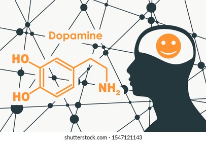 Chemical molecular formula hormone dopamine. Silhouette of a man head. Connected lines with dots background