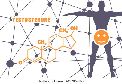 Chemical molecular formula of human hormone testosterone. Silhouette of man. Connected lines and dots background
