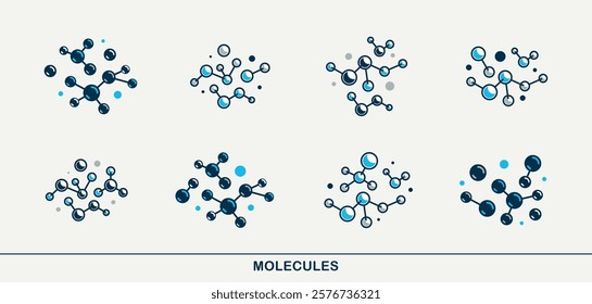 Chemical molecules vector icons set, chemistry science theme, laboratory research and experiments, pharmacology and healthcare.