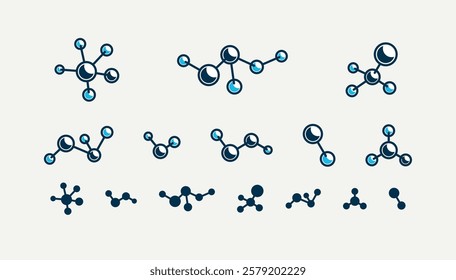 Chemical molecules vector icons set, chemistry science theme, laboratory research and experiments, pharmacology and healthcare.