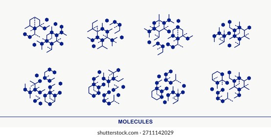 Conjunto de iconos de vectores de moléculas químicas, tema de ciencia química, investigación y experimentos de laboratorio, farmacología y atención médica.