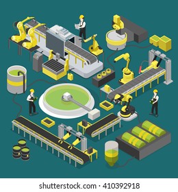 Chemical Nuclear Plant Production Conveyor Workshop. 3d Isometric Style Vector Illustration. Manipulator Robot