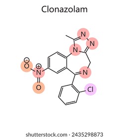 Chemical organic formula of Clonazolam diagram hand drawn schematic vector illustration. Medical science educational illustration