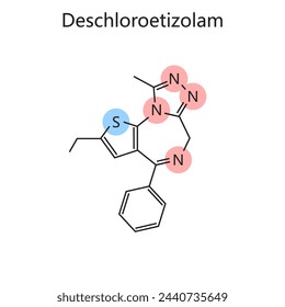 Chemical organic formula of Deschloroetizolam diagram hand drawn schematic vector illustration. Medical science educational illustration