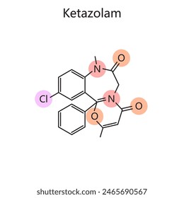 Chemical organic formula of Ketazolam diagram hand drawn schematic vector illustration. Medical science educational illustration