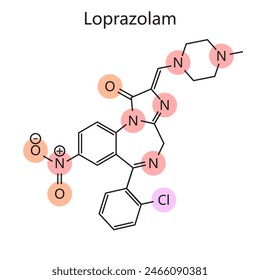 Chemical organic formula of Loprazolam diagram hand drawn schematic vector illustration. Medical science educational illustration