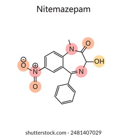 Chemical organic formula of Nitemazepam diagram hand drawn schematic vector illustration. Medical science educational illustration