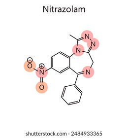 Chemical organic formula of Nitrazolam diagram hand drawn schematic vector illustration. Medical science educational illustration